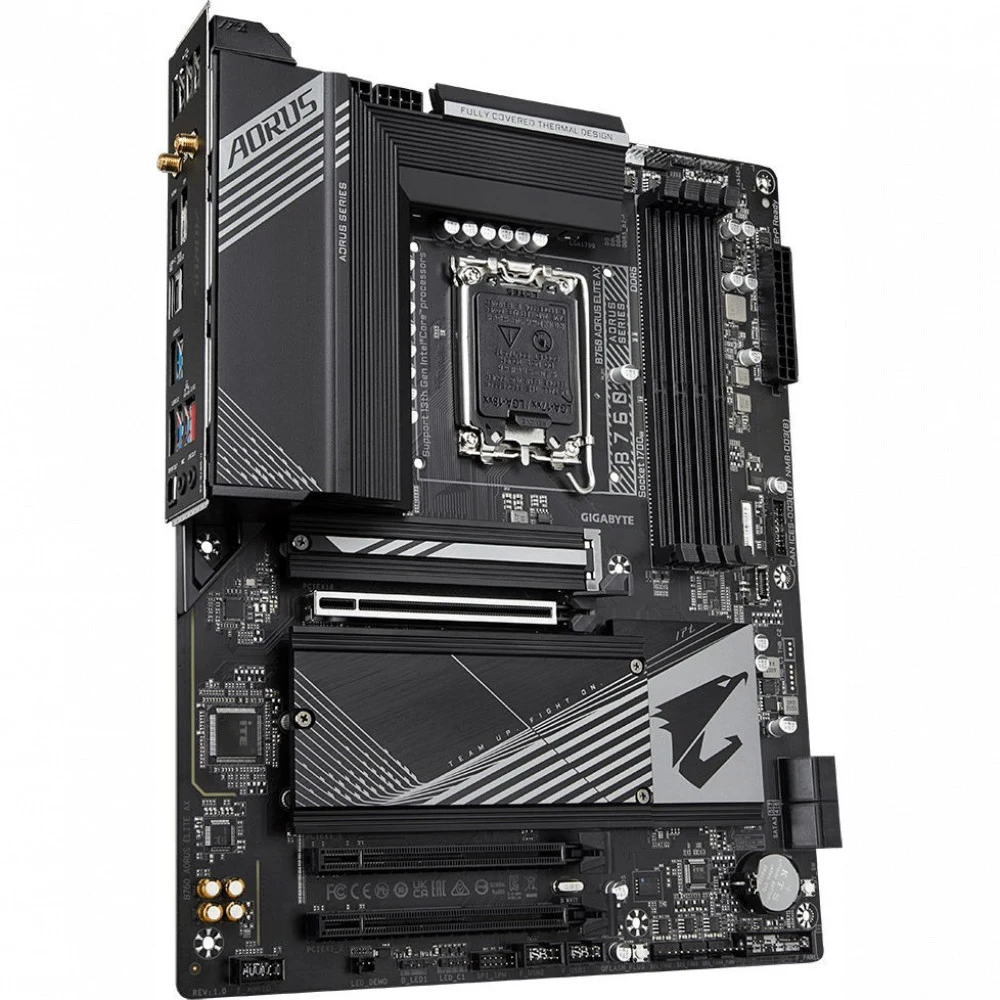 Материнская плата Gigabyte B760 AORUS ELITE AX, Socket 1700, Intel®B760, 4xDDR5-4800, HDMI+DP, 3xPCI-Ex16, 4xSATA3(RAID 0/1/5/10), 3xM.2, 8Ch Audio, 2.5GbLan, WiFi, (4+4)xUSB2.0, (5+2)xUSB3.2, (1+1)