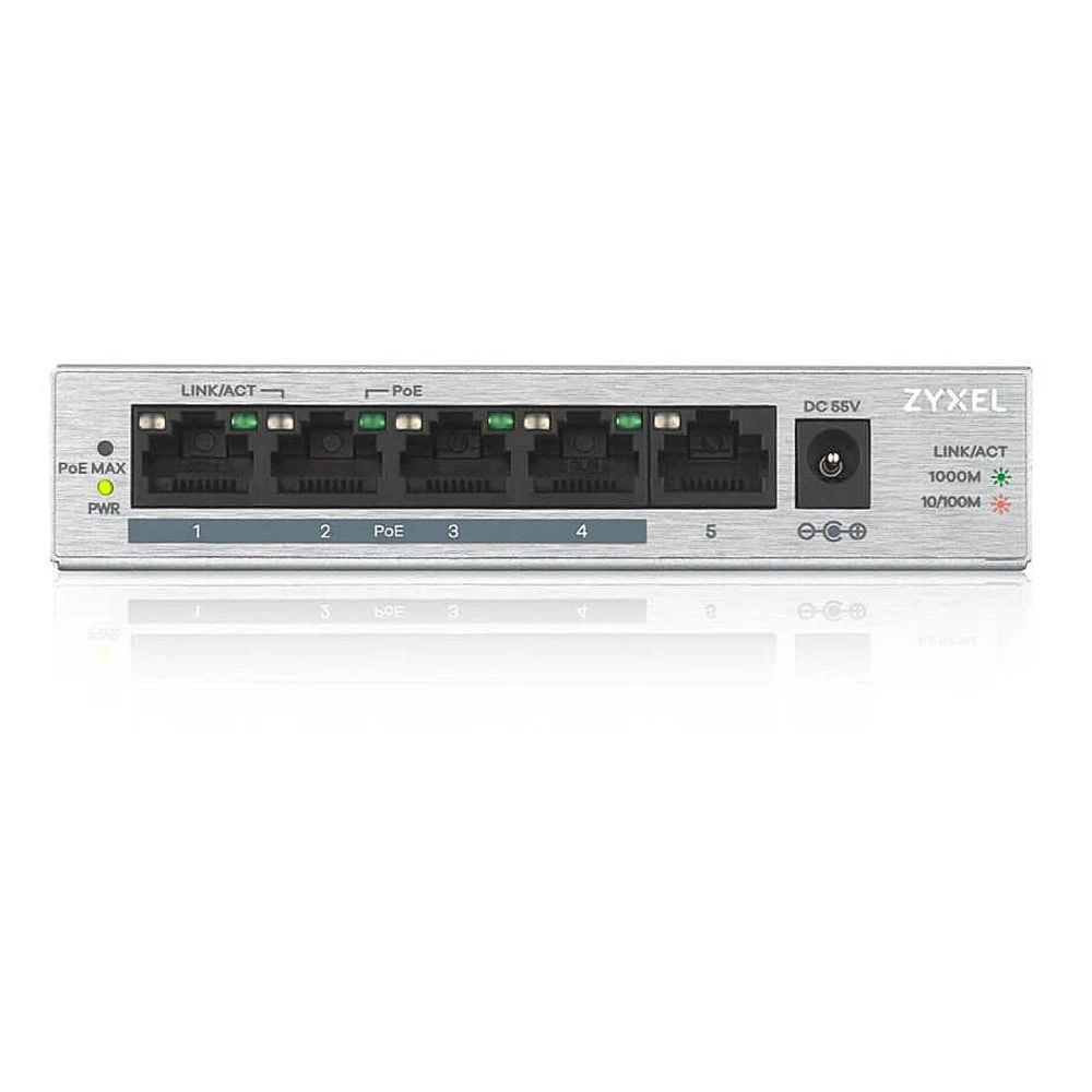 ZYXEL GS1005HP-EU0101F PoE+ коммутатор GS1005HP, 5xGE (4xPoE+), настольный, металлический, бесшумный, бюджет PoE 60 Вт