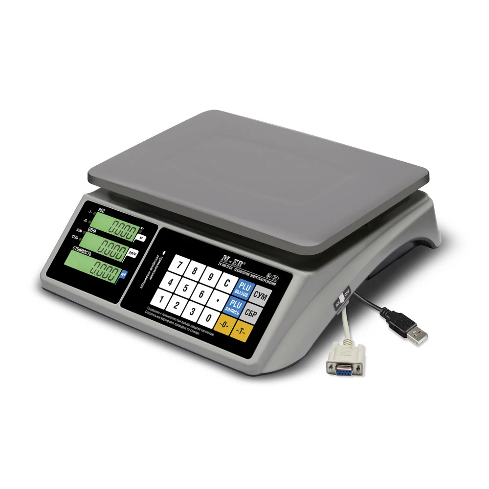 Торговые настольные весы M-ER 328 AC-15.2 "TOUCH-M" LCD RS232 и USB Интерфейс: RS232 и USB Индикация: ЖКИ с подсветкой Габариты: 350х345х120 мм Платформа: 325x230 мм Питание: адаптер+аккумулятор Мак