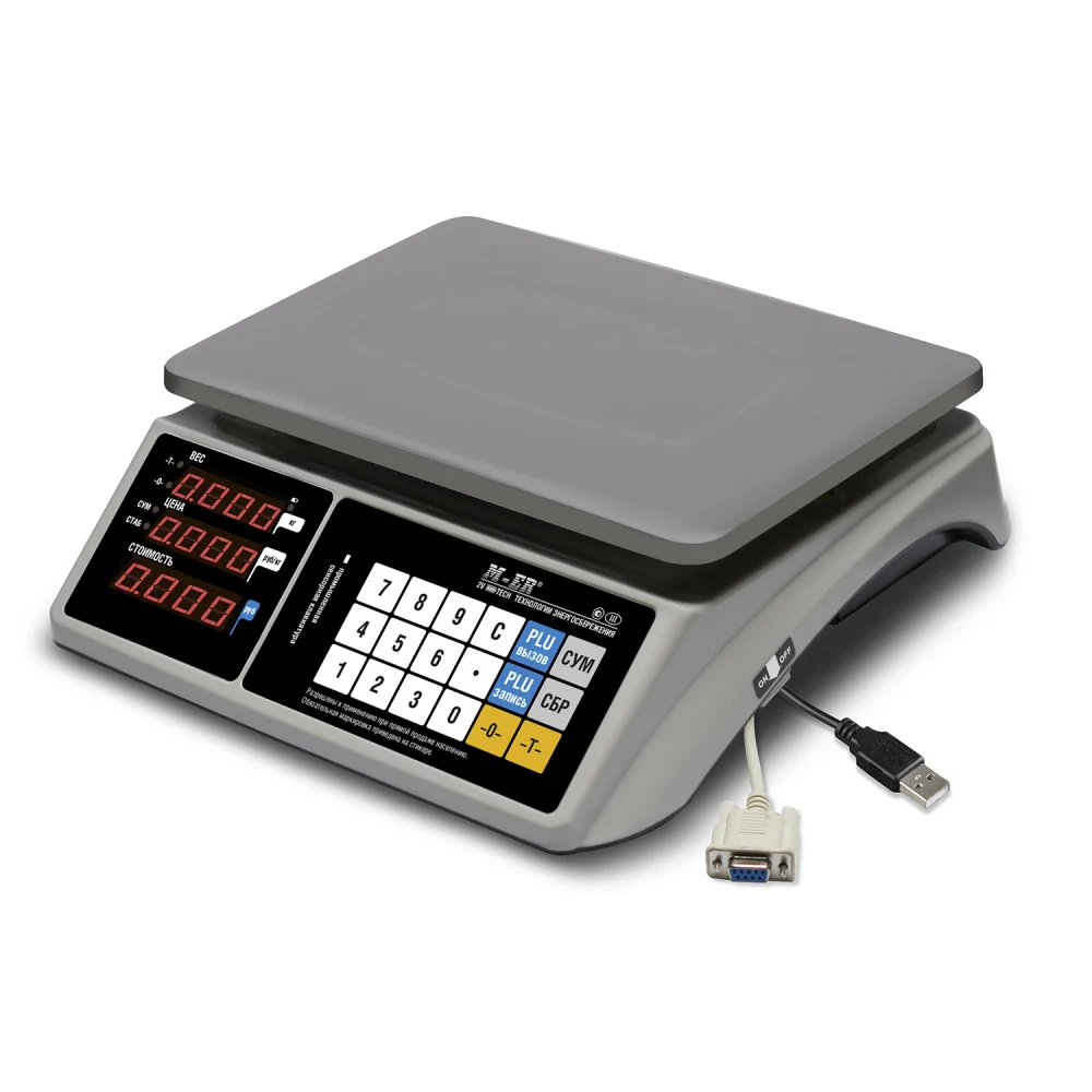 Торговые настольные весы M-ER 328 AC-6.1 "TOUCH-M" LED RS232 и USB "Интерфейс: RS232 и USB Индикация: Светодиодный Габариты: 350х345х120 мм Платформа: 325x230 мм Питание: адаптер+аккумулятор Максима