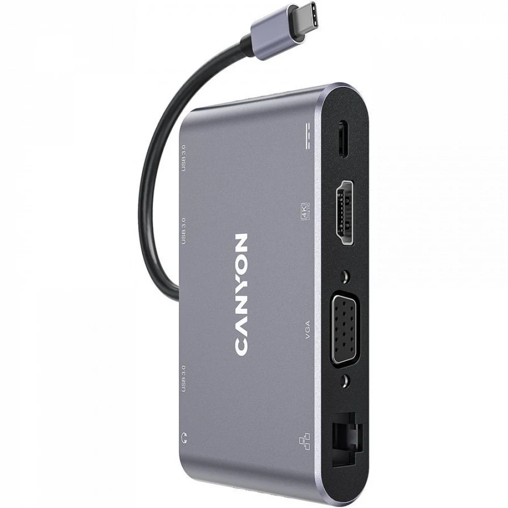Canyon 8 in 1 USB C hub, with 1*HDMI: 4K*30Hz, 1*VGA, 1*Type-C PD charging port, Max 100W PD input. 3*USB3.0,transfer speed up to 5Gbps. 1*Glgabit Ethernet, 1*3.5mm audio jack, cable 15cm, Aluminum
