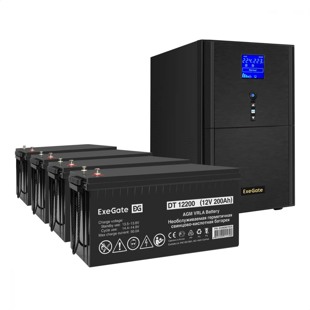 Комплект ИБП EX295991RUS + батарея 200Aч EX282991RUS 4шт (инвертор, синус, для котла) ExeGate SineTower SZ-5000.LCD.AVR.2SH.1C13.T.RJ.USB <5000VA/4000W, чистый синусоида, LCD дисплей, AVR, 2*Schuko+