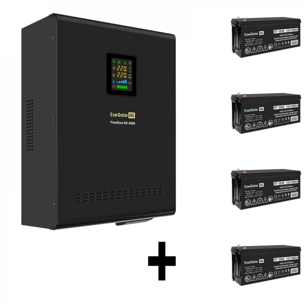 Комплект ИБП EX296003RUS + батарея 200Aч EX282991RUS 4шт (инвертор, синус, для котла, настенный) ExeGate FineSine SX-3000.LCD.AVR.2SH.T <3000VA/2100W, чистая синусоида, цветной LCD-дисплей, AVR, 2*S