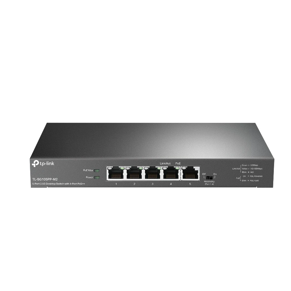 5-Port 2.5G Desktop Switch with 4-Port PoE++ PORT: 4× 2.5G PoE++ Ports, 1x 2.5G Non-PoE PortSPEC: 802.3af/at/bt type3, 123 W PoE Power, Desktop Steel CaseFEATURE: PoE Auto Recovery for Port1-4, Plug