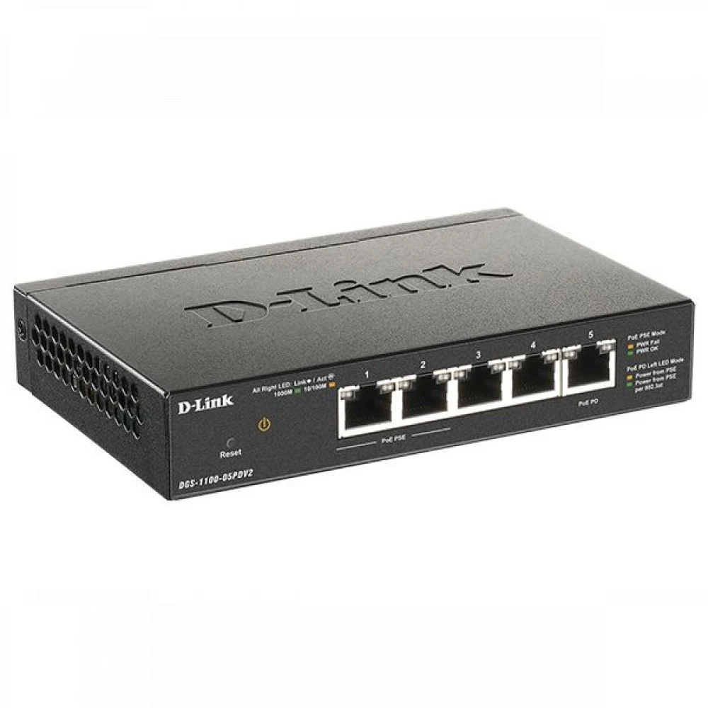 D-Link DGS-1100-05PDV2/A1A Настраиваемый L2 коммутатор с 5 портами 10/100/1000Base-T (2 порта PoE 802.3af
