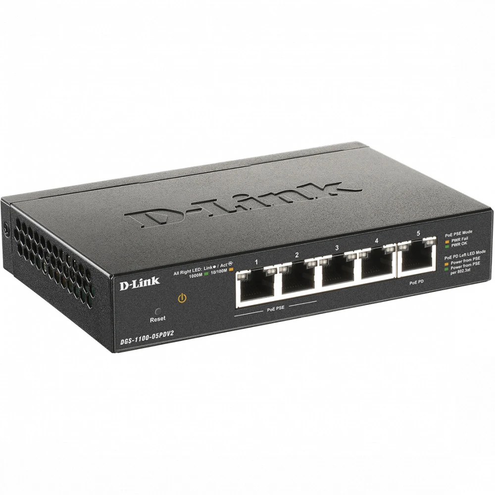 Коммутатор D-Link DGS-1100-05PDV2/A1A Настраиваемый L2 коммутатор с 5 портами 10/100/1000Base-T (2 порта PoE 802.3af, PoE-бюджет 18 Вт (802.3at) или 8 Вт (802.3af), 1 порт для питания коммутатора по