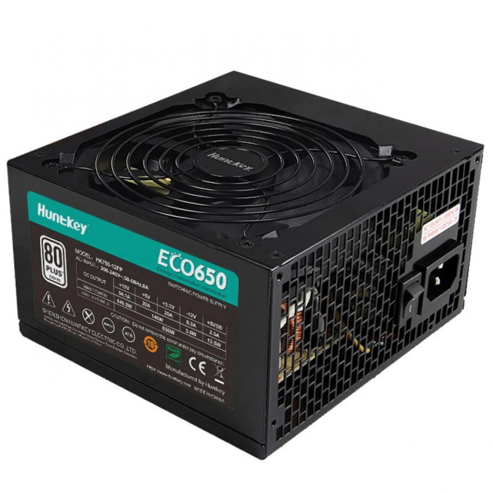 Блок питания, Huntkey, ECO650, 650W, ATX, APFC, 20+4 pin, 2*4+4pin, 3*Sata, 3*Molex, 2*PCI-E 6+2 pin, Вентилятор 12см, Кабель питания, Чёрный