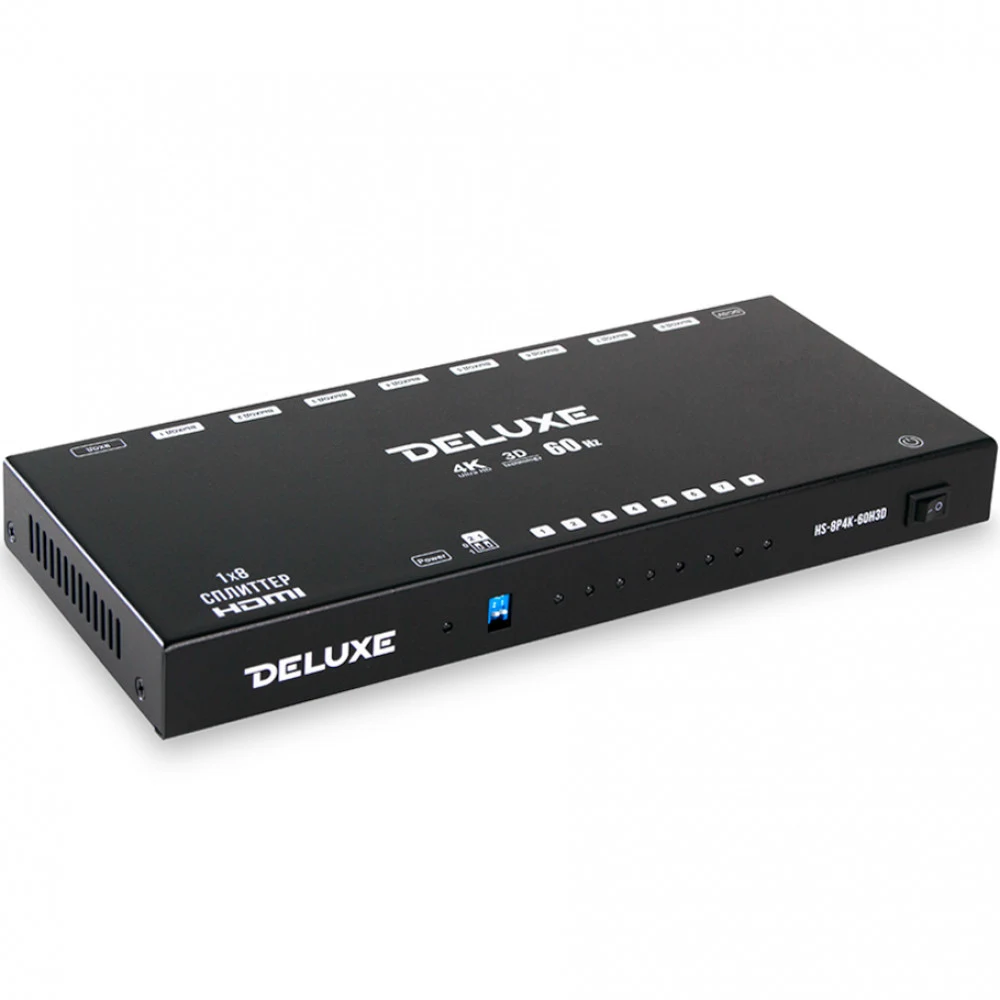 Сплиттер HDMI, DELUXE, HS8P4K60H3D, 8 портов, Разрешение 4К, Поддержка 3D, 1х8, 60Гц, 3 Вт, Чёрный, Цветная коробка