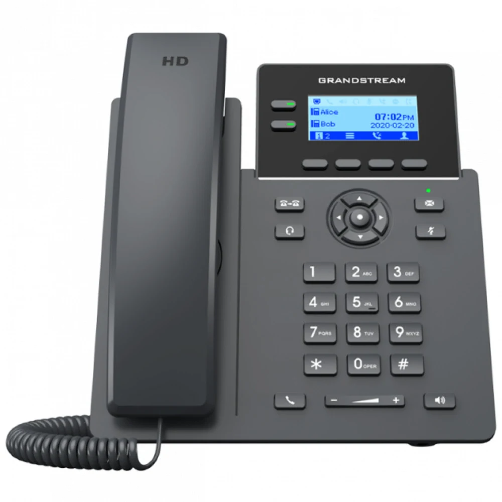 Grandstream GRP2602G - IP телефон. 4 SIP аккаунта, 2 линии, есть подсветка экрана, два коммутируемых 10/100/1000 Мбит/с Ethernet порта, 132 x 48 точек (2.21 дюйма’), графический ЖКдисплей с подсветк