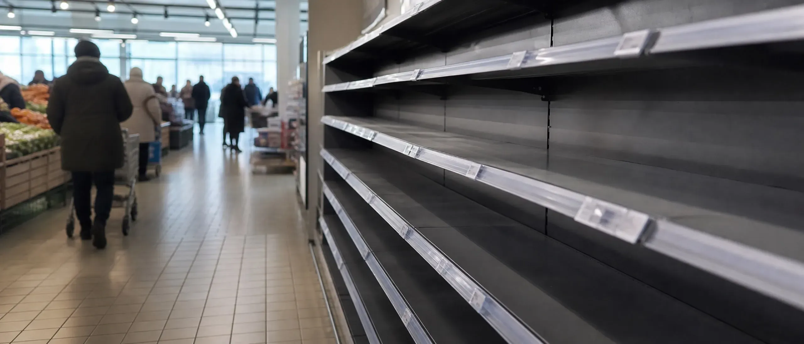 Пустая секция полки в торговом зале утром: ценники на месте, товара нет, за спиной проход с покупателями. Съёмка с уровня глаз, дневной свет из витрины. Кадр горизонтальный, действие в правой половине.
