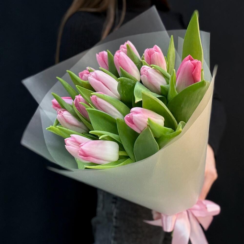 Букет нежно розовые тюльпаны 15 шт (мб 164)
