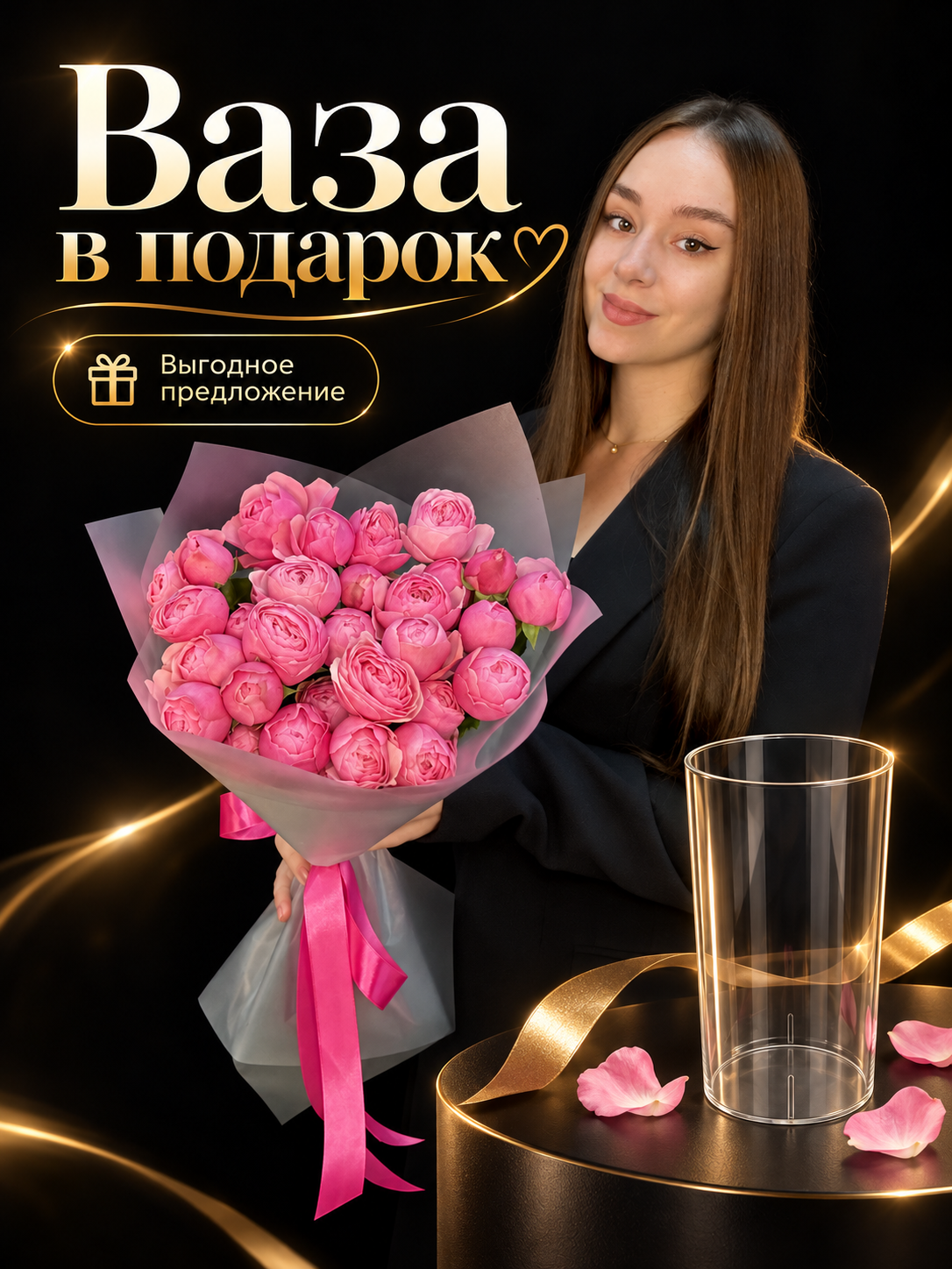 Букет из 9 малиновых пионовидных кустовых роз Silva Pink Кения 50 см + Ваза в подарок