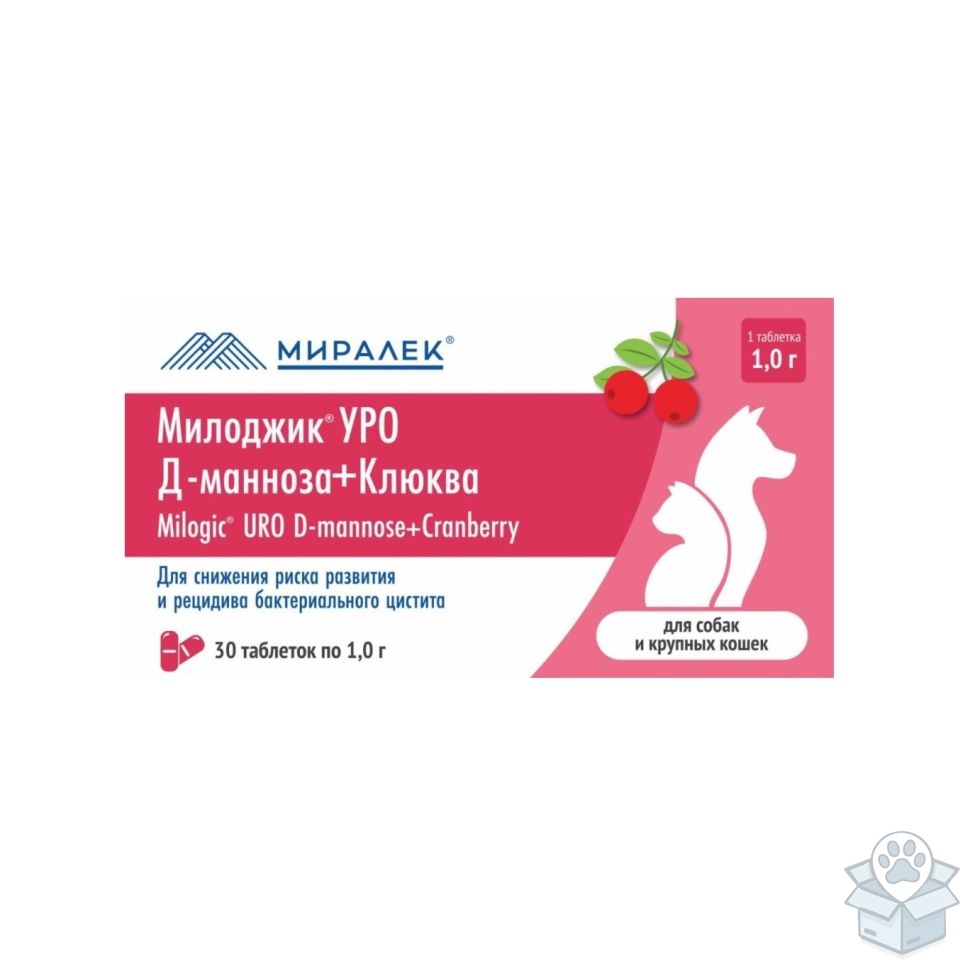 Миралек: Милоджик УРО Д-манноза+клюква для собак и крупных кошек, 30 табл