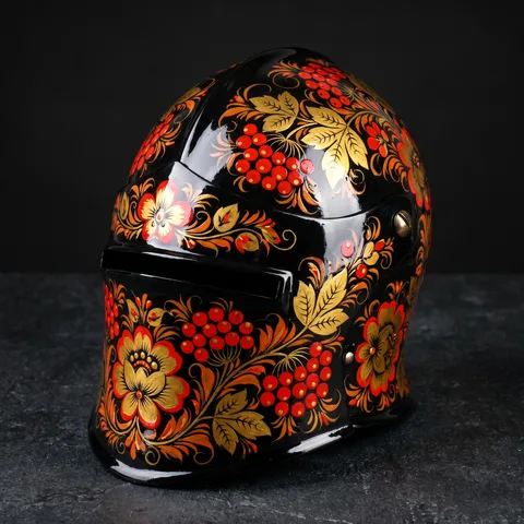 A fantasy knight helmet painted in traditional Khokhloma — изображение нейросети Nano Banana Pro