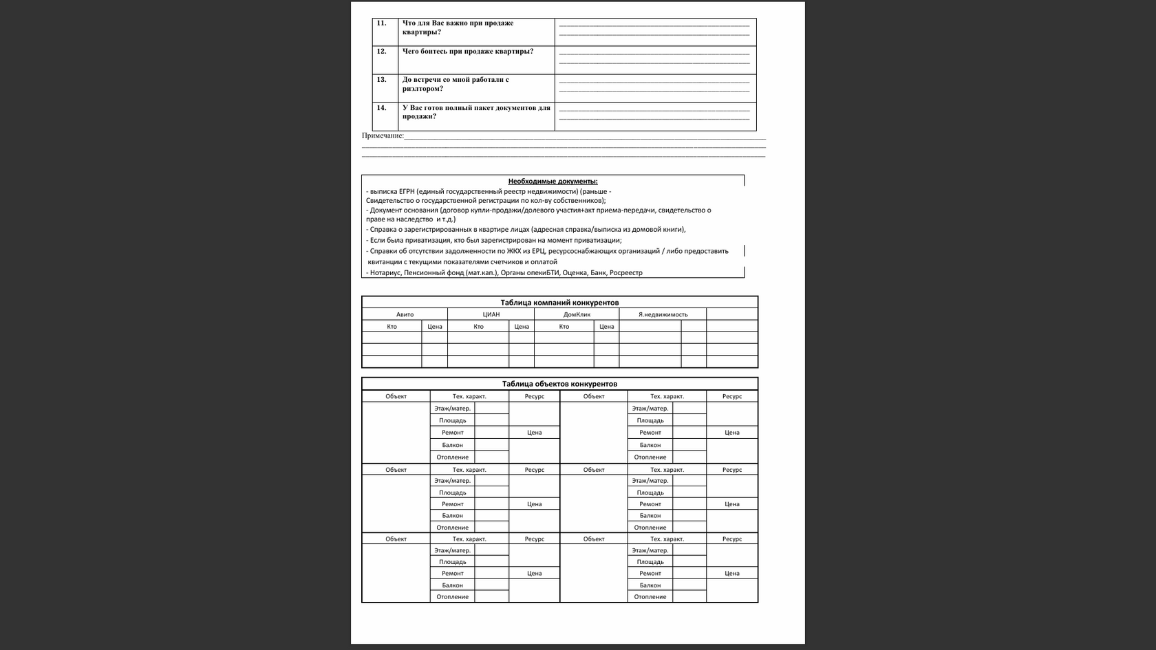 Анкета объекта