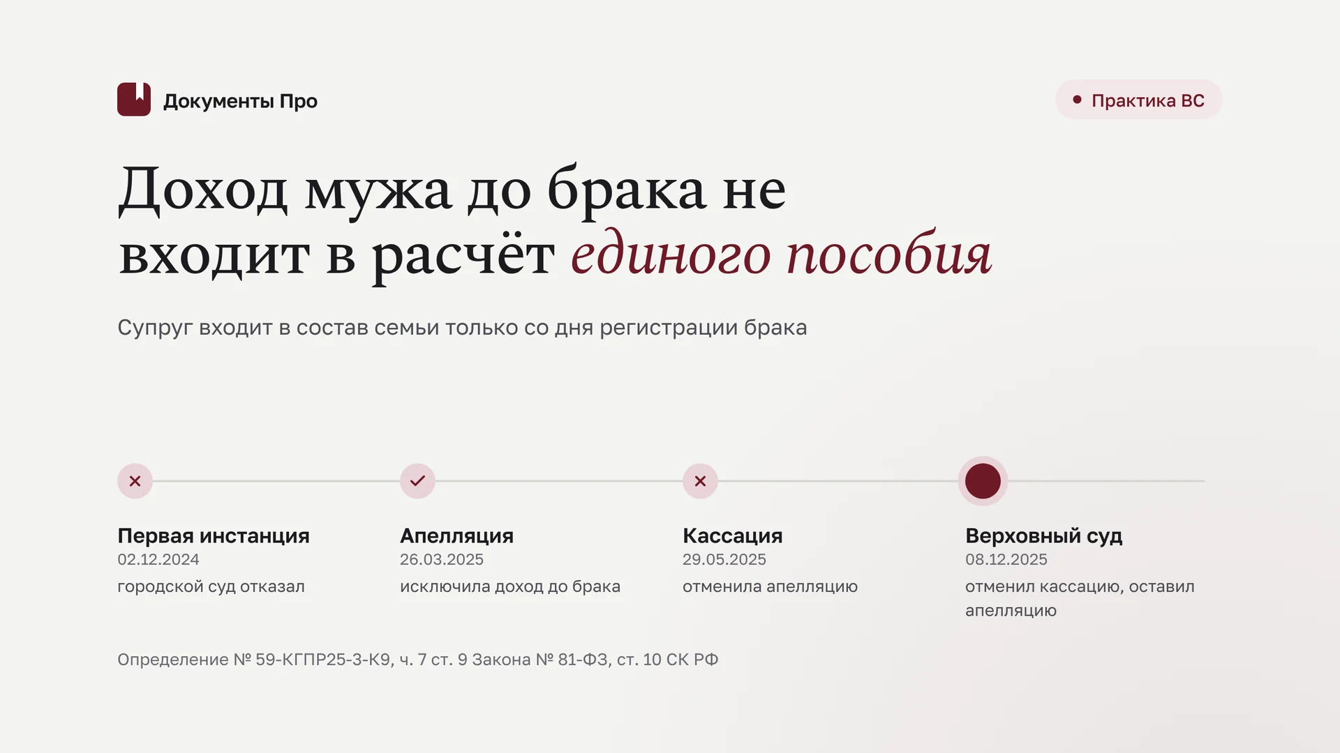 Доход супруга до брака и единое пособие: позиция ВС и расчёт
