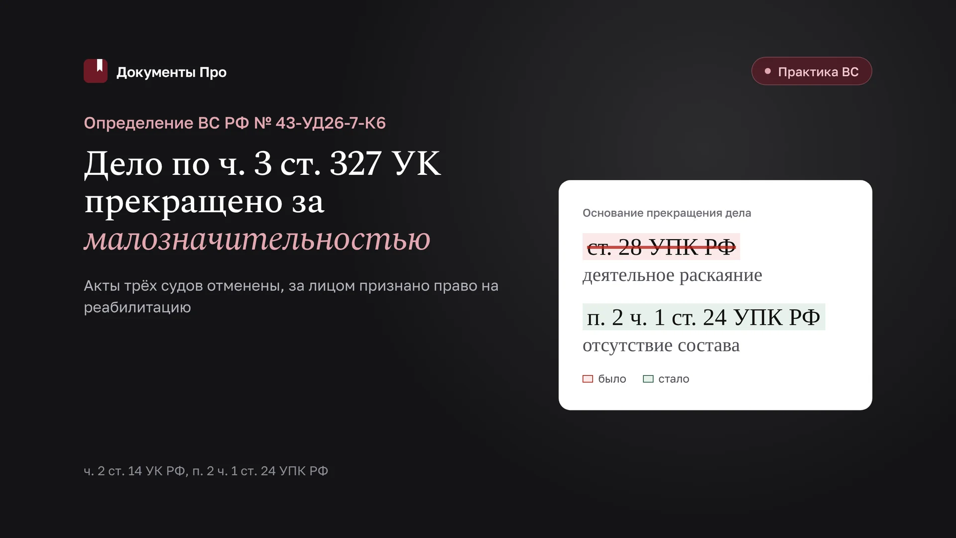 Малозначительность по ст. 327 УК после прекращения дела: кассация