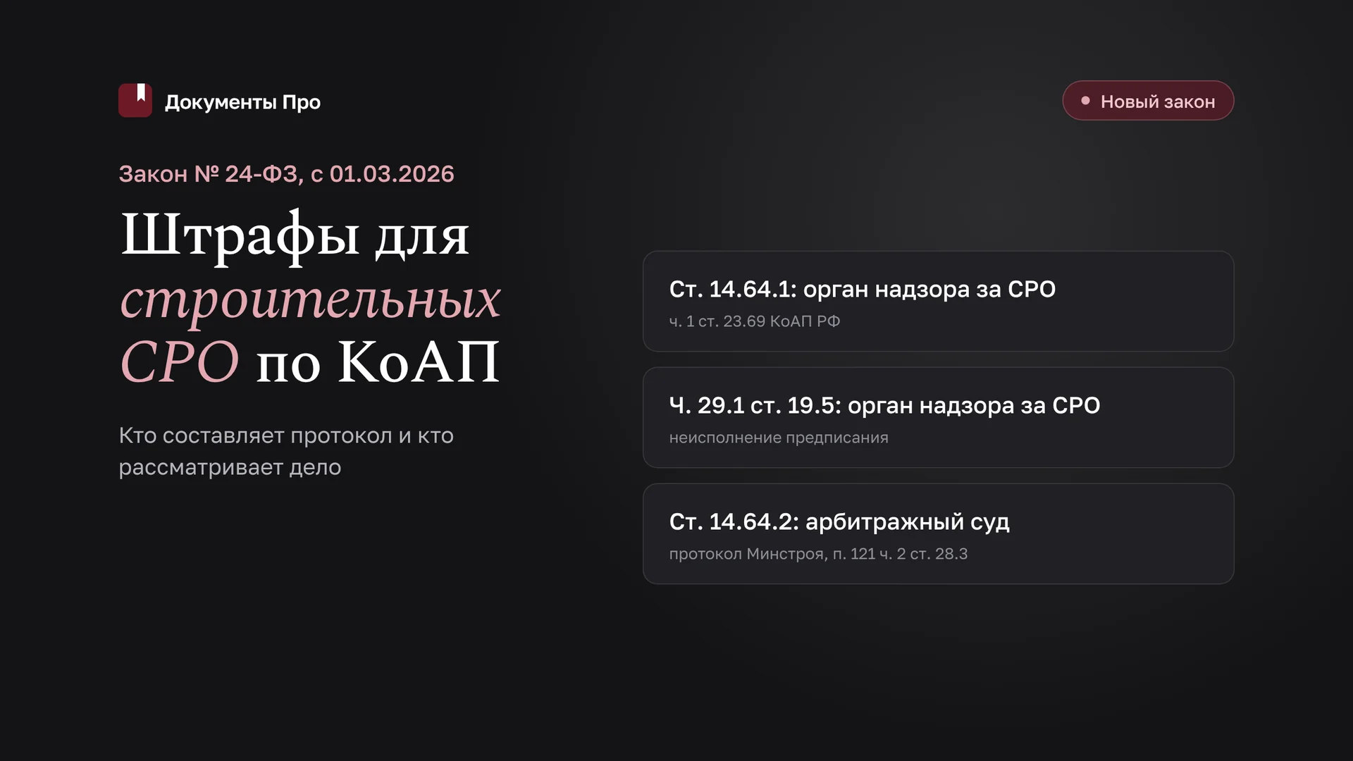 Штрафы для строительных СРО по ст. 14.64.1 КоАП: Закон № 24-ФЗ