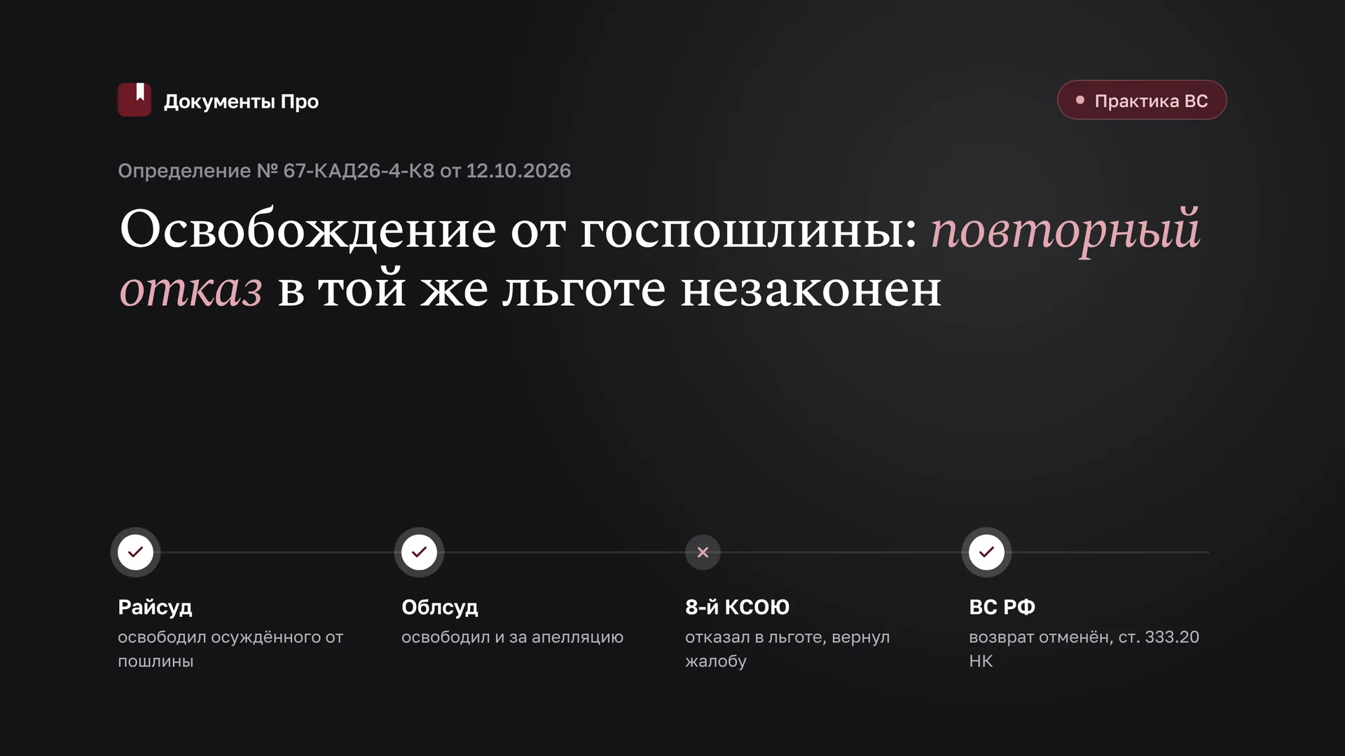 Освобождение осуждённого от госпошлины: ВС запретил повторный отказ