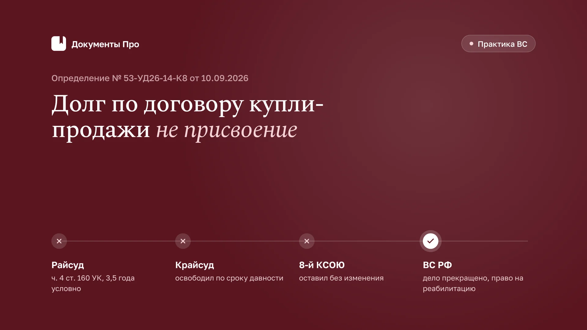 Присвоение или неисполнение договора: ВС о деньгах по ДКП и ст. 160 УК