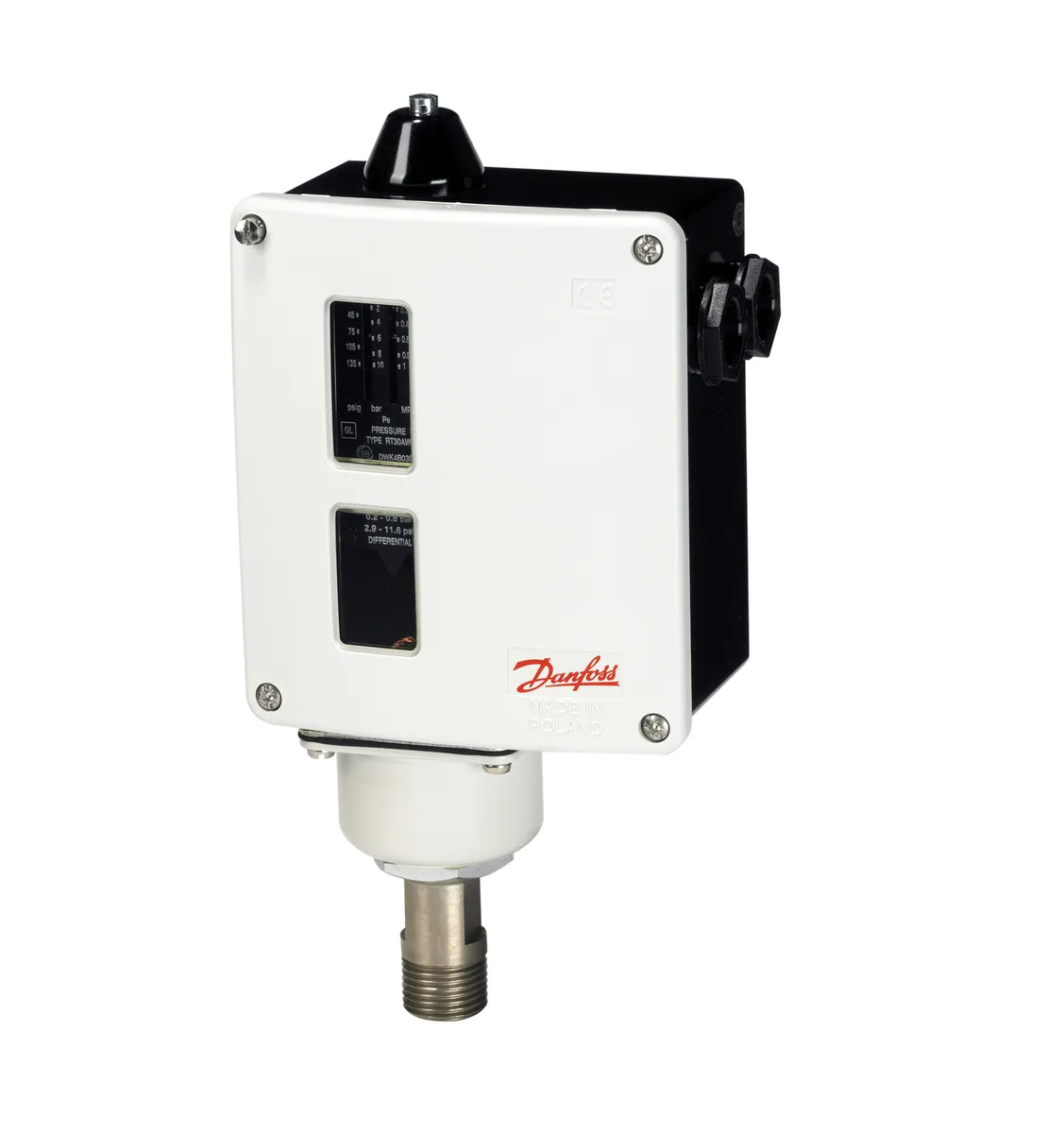 Danfoss 017-519966 — Реле давления RT для тяжелых условий эксплуатации, диапазон настройки уставки 1-10 бар, дифференциал 0,33 бар, присоединение G 3/8