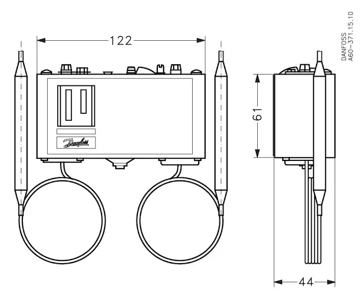 Danfoss 060L113166 — Реле температуры (термостат) KP 98, IP 30/44, диапазон регулирования OIL 60...120 °C / HT 100...180 °C, длина трубки 1 / 2 м