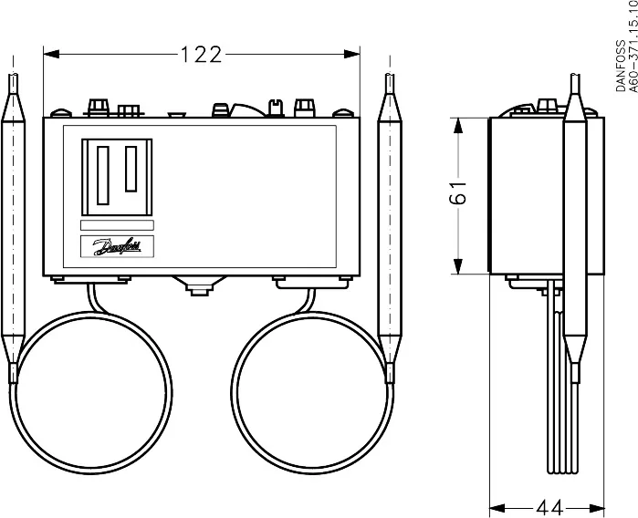 Danfoss 060L113166 — Реле температуры (термостат) KP 98, IP 30/44, диапазон регулирования OIL 60...120 °C / HT 100...180 °C, длина трубки 1 / 2 м