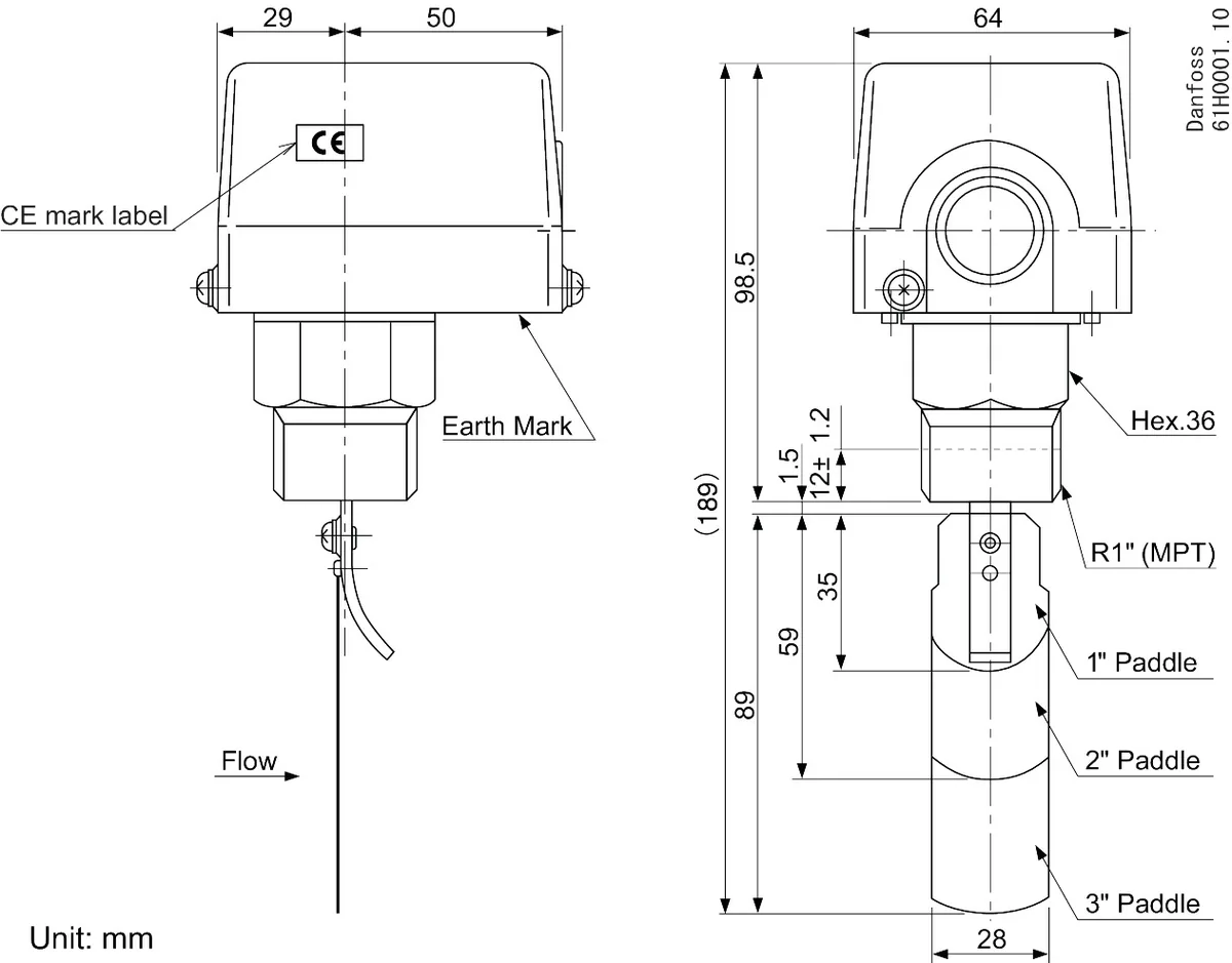 Danfoss 061H4000 — Реле протока FQS U30G, максимальное рабочее давление 10 бар, IP 20