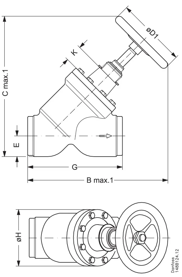 Danfoss 148B6010 — Запорный клапан SVA-S 100 D STR H-WHEEL