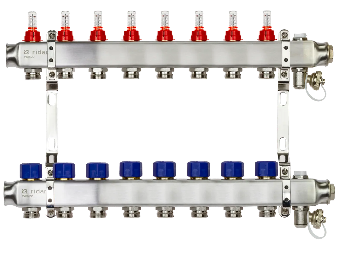 Ридан 088U0958R — Комплект коллекторов SSM-8RF set с расходомерами, кронштейнами, ручным воздухоотводчиком, сливным краном и торцевой заглушкой, 8 контуров
