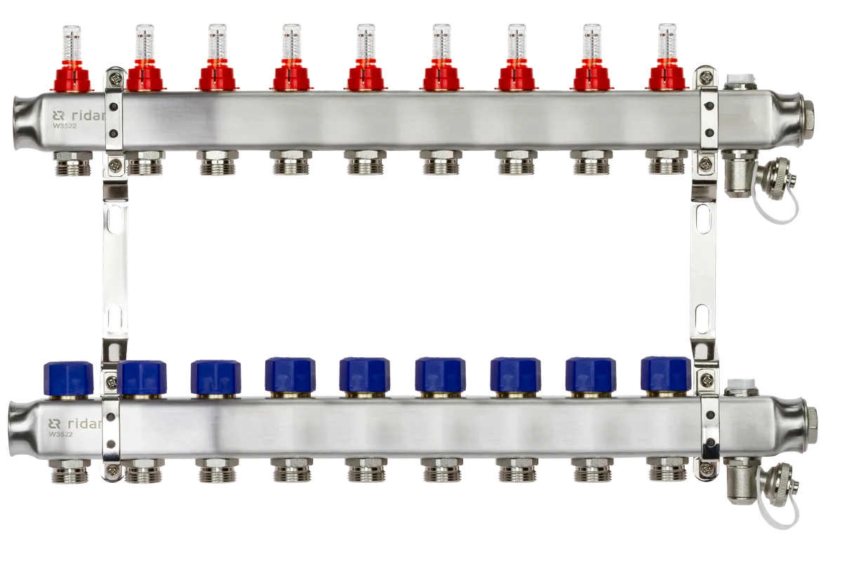 Ридан 088U0959R — Комплект коллекторов SSM-9RF set с расходомерами, кронштейнами, ручным воздухоотводчиком, сливным краном и торцевой заглушкой, 9 контуров