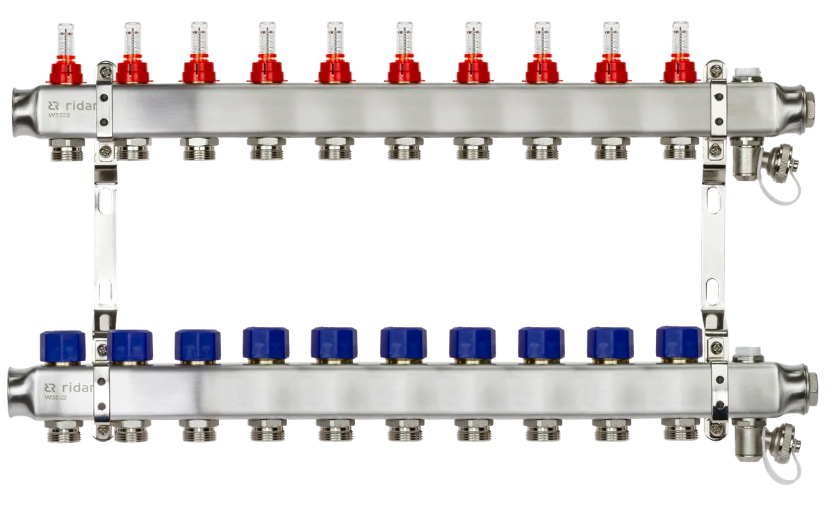 Ридан 088U0960R — Комплект коллекторов SSM-10RF set с расходомерами, кронштейнами, ручным воздухоотводчиком, сливным краном и торцевой заглушкой, 10 контуров