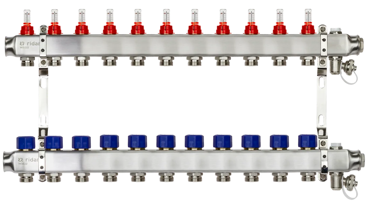 Ридан 088U0961R — Комплект коллекторов SSM-11RF set с расходомерами, кронштейнами, ручным воздухоотводчиком, сливным краном и торцевой заглушкой, 11 контуров