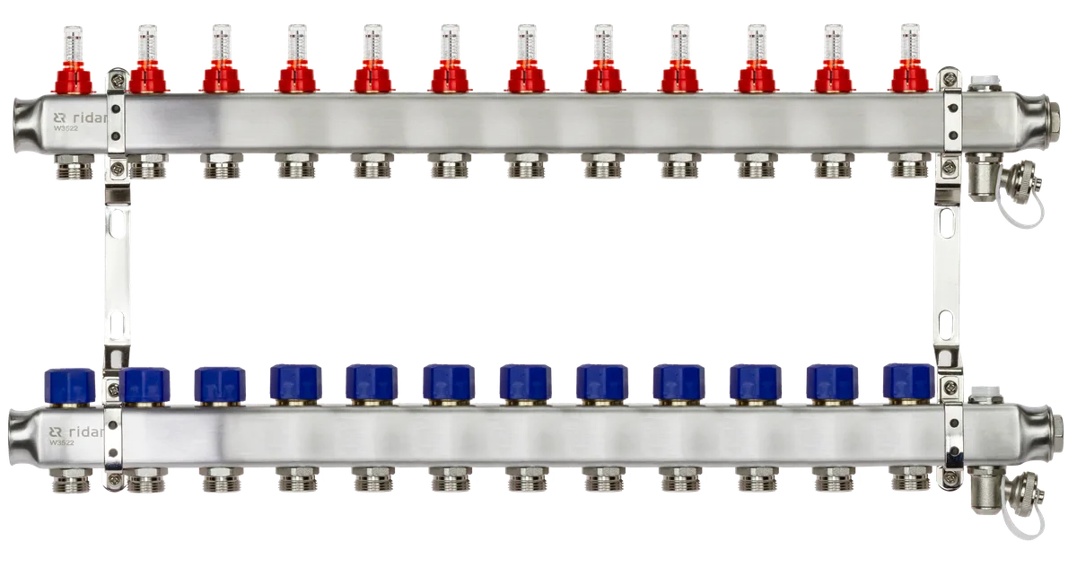 Ридан 088U0962R — Комплект коллекторов SSM-12RF set с расходомерами, кронштейнами, ручным воздухоотводчиком, сливным краном и торцевой заглушкой, 12 контуров