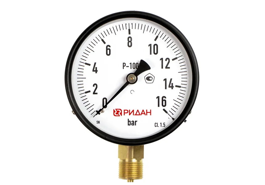 Ридан 800G201015R — Манометр показывающий (общетехнический) P-100G, 0-10 бар, M20x1,5, диаметр 100 мм, присоединение радиальное, класс точности 1,5, IP54