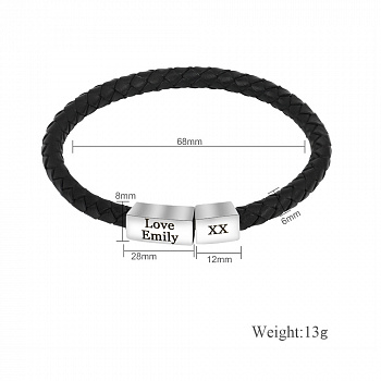 Браслет уни, d-6,8см, чёрн, плетён, кажа, тонк, магнит