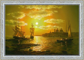 Лицензионная картина в раме СТАНДАРТ Венеция вечер Багет №5 Золото с патиной (50x70) 57-844