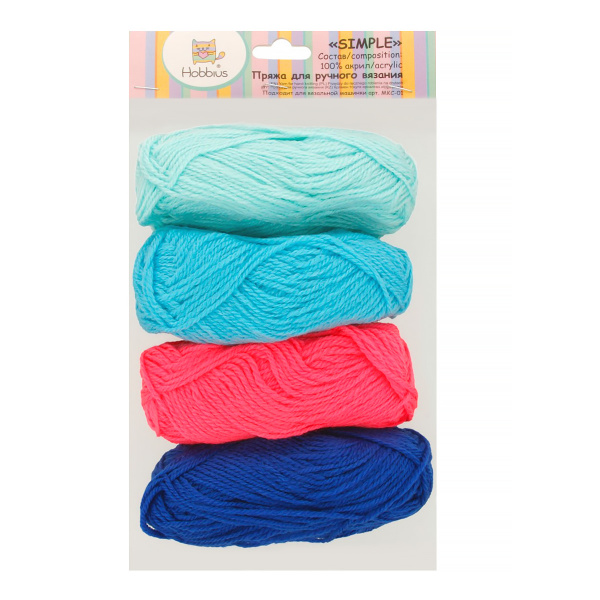 Пряжа акрил 100% 4х25г 66м±3м №06 св.розовый-бирюзовый-голубой-синий Hobbius Simple