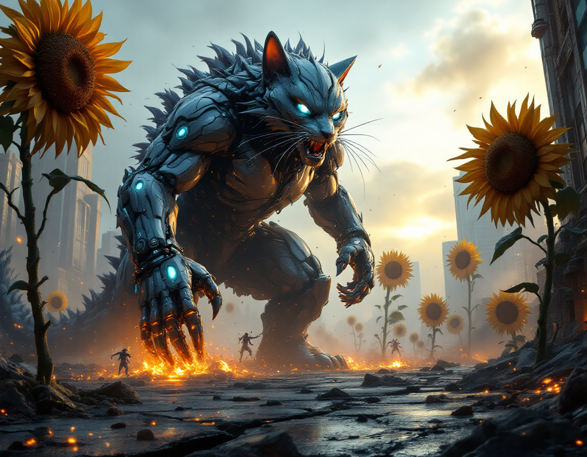 Epic cinematic battle scene of “Catozilla” — a colossal mutant cat kaiju — fighting against gigantic biomechanical sunflowers in a post-apocalyptic мегаполисе at sunset.

Catozilla stands 120 meters tall, massive muscular feline body with subtle glowing bio-veins under fur, razor-sharp claws tearing through metallic petals. Eyes glowing electric blue, fur detailed and wind-swept, partially scorched and illuminated by sparks.

Opponents: towering mechano-sunflowers, 150 meters tall, hyper-detailed biomechanical structures. Their petals are razor-edged titanium blades, rotating like circular saws. Central cores glowing molten orange like fusion reactors. Stems built from hydraulic pistons, exposed cables, servo-motors, industrial joints, steam vents releasing pressure. Mechanical roots ripping through cracked asphalt.

Environment: ruined futuristic city, collapsed skyscrapers, burning debris, broken highways suspended in air. Dust clouds, flying rubble, sparks, smoke trails. Cracked earth glowing with magma veins beneath surface.

Composition: ultra-wide cinematic framing, low angle shot from ground level to emphasize scale. Foreground debris slightly blurred for depth. Catozilla mid-roar while slashing through spinning metallic petals. One mech sunflower firing concentrated solar energy beam. Dynamic diagonal composition for maximum tension.

Lighting: dramatic golden sunset mixed with cold blue rim light. Volumetric god rays cutting through smoke. Explosions casting orange highlights. Strong contrast, high dynamic range. Reflective metallic surfaces catching light dramatically.

Atmosphere: apocalyptic, epic, intense, high-energy. Wind tearing through fur and smoke. Motion blur on spinning petals. Sparks flying in all directions.

Style: ultra-realistic, hyper-detailed, cinematic blockbuster concept art, 8K resolution, photorealistic textures, extreme detail, sharp focus, Unreal Engine 5 rendering, volumetric lighting, global illumination, ray tracing, high contrast, epic scale.

Camera: 18mm ultra-wide lens, low angle, shallow depth of field in foreground, dynamic perspective distortion for scale exaggeration.

Color grading: teal and orange cinematic LUT, dramatic contrast, deep shadows, glowing highlights.