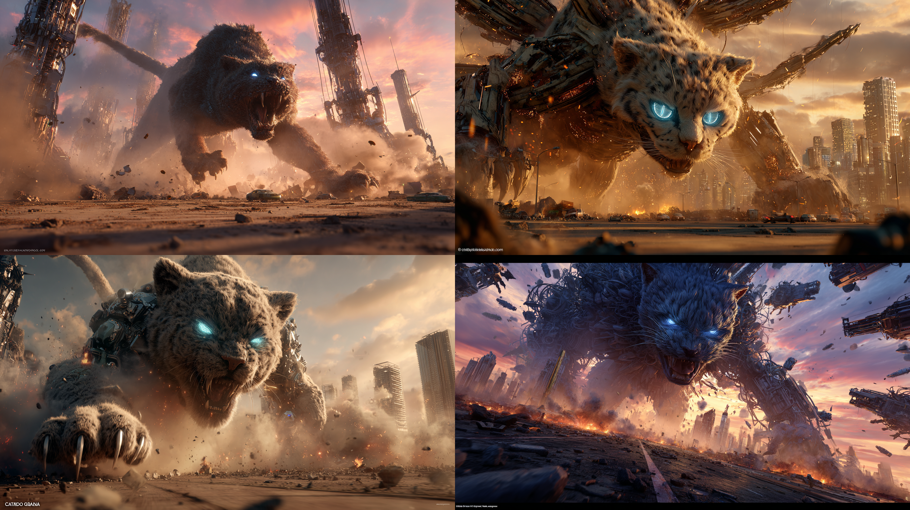 Epic cinematic battle scene of “Catozilla” — a colossal mutant cat kaiju — fighting against gigantic biomechanical sunflowers in a post-apocalyptic мегаполисе at sunset.

Catozilla stands 120 meters tall, massive muscular feline body with subtle glowing bio-veins under fur, razor-sharp claws tearing through metallic petals. Eyes glowing electric blue, fur detailed and wind-swept, partially scorched and illuminated by sparks.

Opponents: towering mechano-sunflowers, 150 meters tall, hyper-detailed biomechanical structures. Their petals are razor-edged titanium blades, rotating like circular saws. Central cores glowing molten orange like fusion reactors. Stems built from hydraulic pistons, exposed cables, servo-motors, industrial joints, steam vents releasing pressure. Mechanical roots ripping through cracked asphalt.

Environment: ruined futuristic city, collapsed skyscrapers, burning debris, broken highways suspended in air. Dust clouds, flying rubble, sparks, smoke trails. Cracked earth glowing with magma veins beneath surface.

Composition: ultra-wide cinematic framing, low angle shot from ground level to emphasize scale. Foreground debris slightly blurred for depth. Catozilla mid-roar while slashing through spinning metallic petals. One mech sunflower firing concentrated solar energy beam. Dynamic diagonal composition for maximum tension.

Lighting: dramatic golden sunset mixed with cold blue rim light. Volumetric god rays cutting through smoke. Explosions casting orange highlights. Strong contrast, high dynamic range. Reflective metallic surfaces catching light dramatically.

Atmosphere: apocalyptic, epic, intense, high-energy. Wind tearing through fur and smoke. Motion blur on spinning petals. Sparks flying in all directions.

Style: ultra-realistic, hyper-detailed, cinematic blockbuster concept art, 8K resolution, photorealistic textures, extreme detail, sharp focus, Unreal Engine 5 rendering, volumetric lighting, global illumination, ray tracing, high contrast, epic scale.

Camera: 18mm ultra-wide lens, low angle, shallow depth of field in foreground, dynamic perspective distortion for scale exaggeration.

Color grading: teal and orange cinematic LUT, dramatic contrast, deep shadows, glowing highlights.