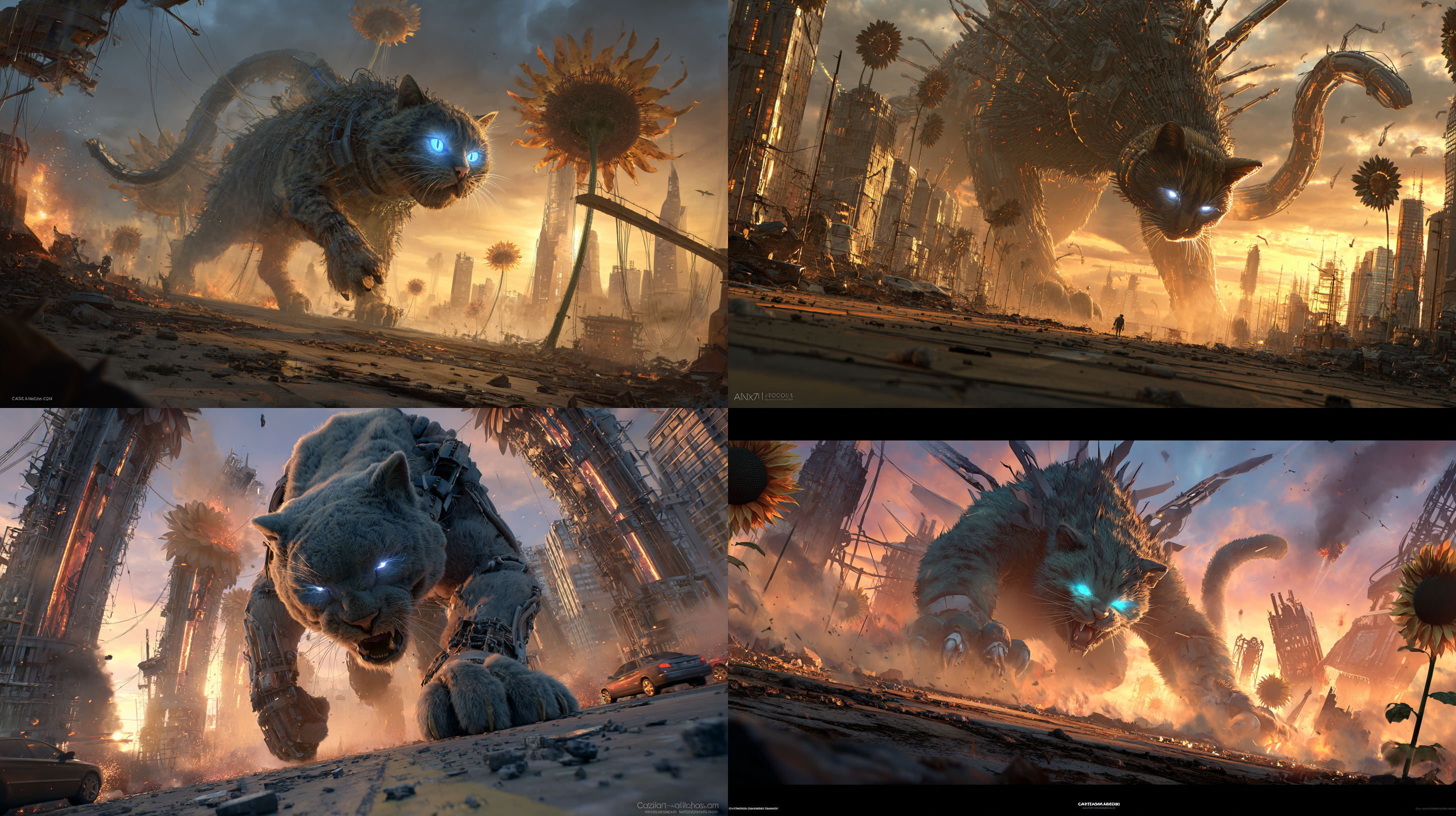 Epic cinematic battle scene of “Catozilla” — a colossal mutant cat kaiju — fighting against gigantic biomechanical sunflowers in a post-apocalyptic мегаполисе at sunset.

Catozilla stands 120 meters tall, massive muscular feline body with subtle glowing bio-veins under fur, razor-sharp claws tearing through metallic petals. Eyes glowing electric blue, fur detailed and wind-swept, partially scorched and illuminated by sparks.

Opponents: towering mechano-sunflowers, 150 meters tall, hyper-detailed biomechanical structures. Their petals are razor-edged titanium blades, rotating like circular saws. Central cores glowing molten orange like fusion reactors. Stems built from hydraulic pistons, exposed cables, servo-motors, industrial joints, steam vents releasing pressure. Mechanical roots ripping through cracked asphalt.

Environment: ruined futuristic city, collapsed skyscrapers, burning debris, broken highways suspended in air. Dust clouds, flying rubble, sparks, smoke trails. Cracked earth glowing with magma veins beneath surface.

Composition: ultra-wide cinematic framing, low angle shot from ground level to emphasize scale. Foreground debris slightly blurred for depth. Catozilla mid-roar while slashing through spinning metallic petals. One mech sunflower firing concentrated solar energy beam. Dynamic diagonal composition for maximum tension.

Lighting: dramatic golden sunset mixed with cold blue rim light. Volumetric god rays cutting through smoke. Explosions casting orange highlights. Strong contrast, high dynamic range. Reflective metallic surfaces catching light dramatically.

Atmosphere: apocalyptic, epic, intense, high-energy. Wind tearing through fur and smoke. Motion blur on spinning petals. Sparks flying in all directions.

Style: ultra-realistic, hyper-detailed, cinematic blockbuster concept art, 8K resolution, photorealistic textures, extreme detail, sharp focus, Unreal Engine 5 rendering, volumetric lighting, global illumination, ray tracing, high contrast, epic scale.

Camera: 18mm ultra-wide lens, low angle, shallow depth of field in foreground, dynamic perspective distortion for scale exaggeration.

Color grading: teal and orange cinematic LUT, dramatic contrast, deep shadows, glowing highlights.