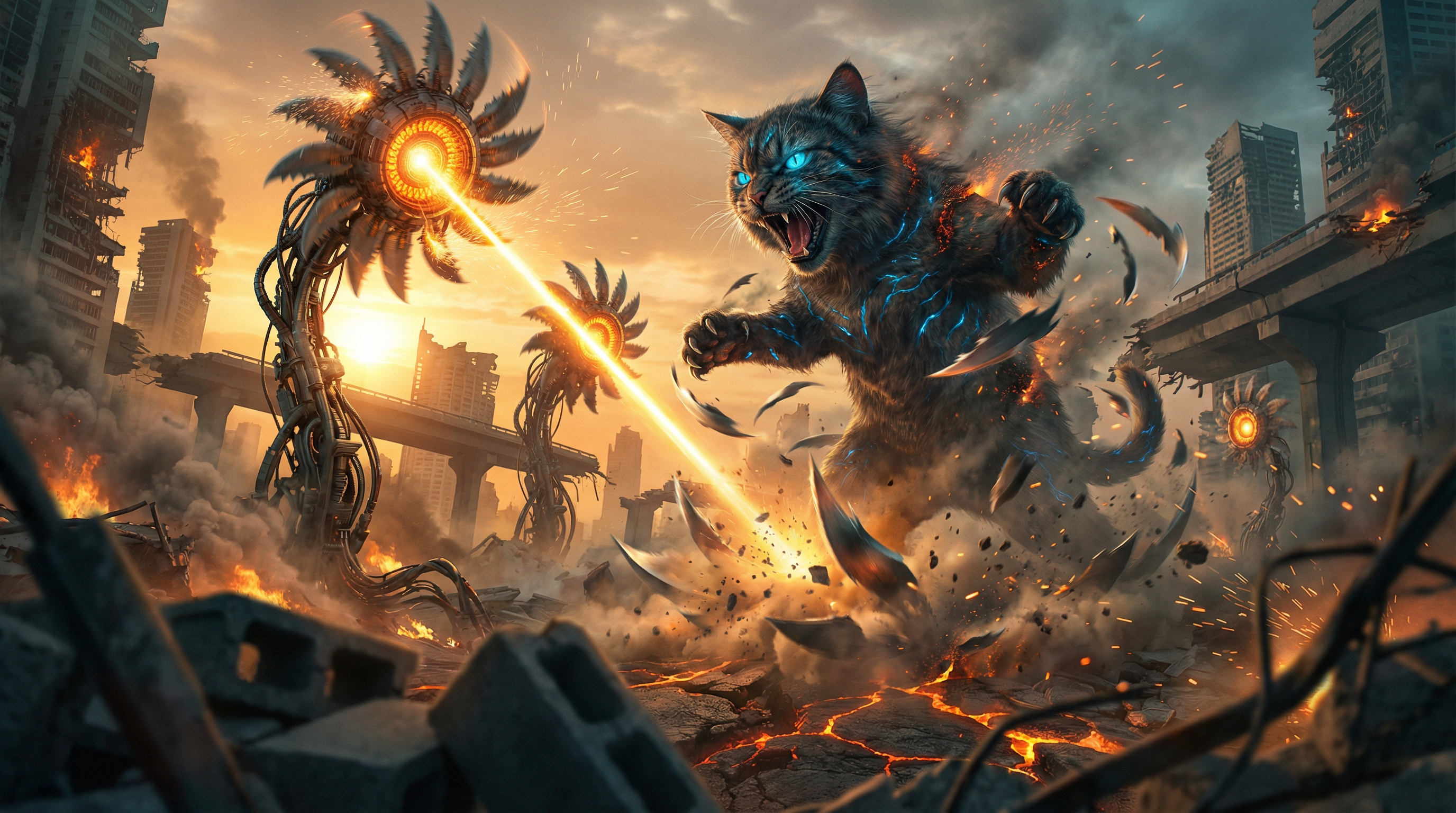 Epic cinematic battle scene of “Catozilla” — a colossal mutant cat kaiju — fighting against gigantic biomechanical sunflowers in a post-apocalyptic мегаполисе at sunset.

Catozilla stands 120 meters tall, massive muscular feline body with subtle glowing bio-veins under fur, razor-sharp claws tearing through metallic petals. Eyes glowing electric blue, fur detailed and wind-swept, partially scorched and illuminated by sparks.

Opponents: towering mechano-sunflowers, 150 meters tall, hyper-detailed biomechanical structures. Their petals are razor-edged titanium blades, rotating like circular saws. Central cores glowing molten orange like fusion reactors. Stems built from hydraulic pistons, exposed cables, servo-motors, industrial joints, steam vents releasing pressure. Mechanical roots ripping through cracked asphalt.

Environment: ruined futuristic city, collapsed skyscrapers, burning debris, broken highways suspended in air. Dust clouds, flying rubble, sparks, smoke trails. Cracked earth glowing with magma veins beneath surface.

Composition: ultra-wide cinematic framing, low angle shot from ground level to emphasize scale. Foreground debris slightly blurred for depth. Catozilla mid-roar while slashing through spinning metallic petals. One mech sunflower firing concentrated solar energy beam. Dynamic diagonal composition for maximum tension.

Lighting: dramatic golden sunset mixed with cold blue rim light. Volumetric god rays cutting through smoke. Explosions casting orange highlights. Strong contrast, high dynamic range. Reflective metallic surfaces catching light dramatically.

Atmosphere: apocalyptic, epic, intense, high-energy. Wind tearing through fur and smoke. Motion blur on spinning petals. Sparks flying in all directions.

Style: ultra-realistic, hyper-detailed, cinematic blockbuster concept art, 8K resolution, photorealistic textures, extreme detail, sharp focus, Unreal Engine 5 rendering, volumetric lighting, global illumination, ray tracing, high contrast, epic scale.

Camera: 18mm ultra-wide lens, low angle, shallow depth of field in foreground, dynamic perspective distortion for scale exaggeration.

Color grading: teal and orange cinematic LUT, dramatic contrast, deep shadows, glowing highlights.