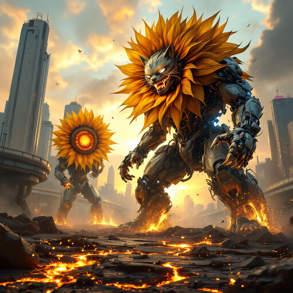 Epic cinematic battle scene of “Catozilla” — a colossal mutant cat kaiju — fighting against gigantic biomechanical sunflowers in a post-apocalyptic мегаполисе at sunset.

Catozilla stands 120 meters tall, massive muscular feline body with subtle glowing bio-veins under fur, razor-sharp claws tearing through metallic petals. Eyes glowing electric blue, fur detailed and wind-swept, partially scorched and illuminated by sparks.

Opponents: towering mechano-sunflowers, 150 meters tall, hyper-detailed biomechanical structures. Their petals are razor-edged titanium blades, rotating like circular saws. Central cores glowing molten orange like fusion reactors. Stems built from hydraulic pistons, exposed cables, servo-motors, industrial joints, steam vents releasing pressure. Mechanical roots ripping through cracked asphalt.

Environment: ruined futuristic city, collapsed skyscrapers, burning debris, broken highways suspended in air. Dust clouds, flying rubble, sparks, smoke trails. Cracked earth glowing with magma veins beneath surface.

Composition: ultra-wide cinematic framing, low angle shot from ground level to emphasize scale. Foreground debris slightly blurred for depth. Catozilla mid-roar while slashing through spinning metallic petals. One mech sunflower firing concentrated solar energy beam. Dynamic diagonal composition for maximum tension.

Lighting: dramatic golden sunset mixed with cold blue rim light. Volumetric god rays cutting through smoke. Explosions casting orange highlights. Strong contrast, high dynamic range. Reflective metallic surfaces catching light dramatically.

Atmosphere: apocalyptic, epic, intense, high-energy. Wind tearing through fur and smoke. Motion blur on spinning petals. Sparks flying in all directions.

Style: ultra-realistic, hyper-detailed, cinematic blockbuster concept art, 8K resolution, photorealistic textures, extreme detail, sharp focus, Unreal Engine 5 rendering, volumetric lighting, global illumination, ray tracing, high contrast, epic scale.

Camera: 18mm ultra-wide lens, low angle, shallow depth of field in foreground, dynamic perspective distortion for scale exaggeration.

Color grading: teal and orange cinematic LUT, dramatic contrast, deep shadows, glowing highlights.