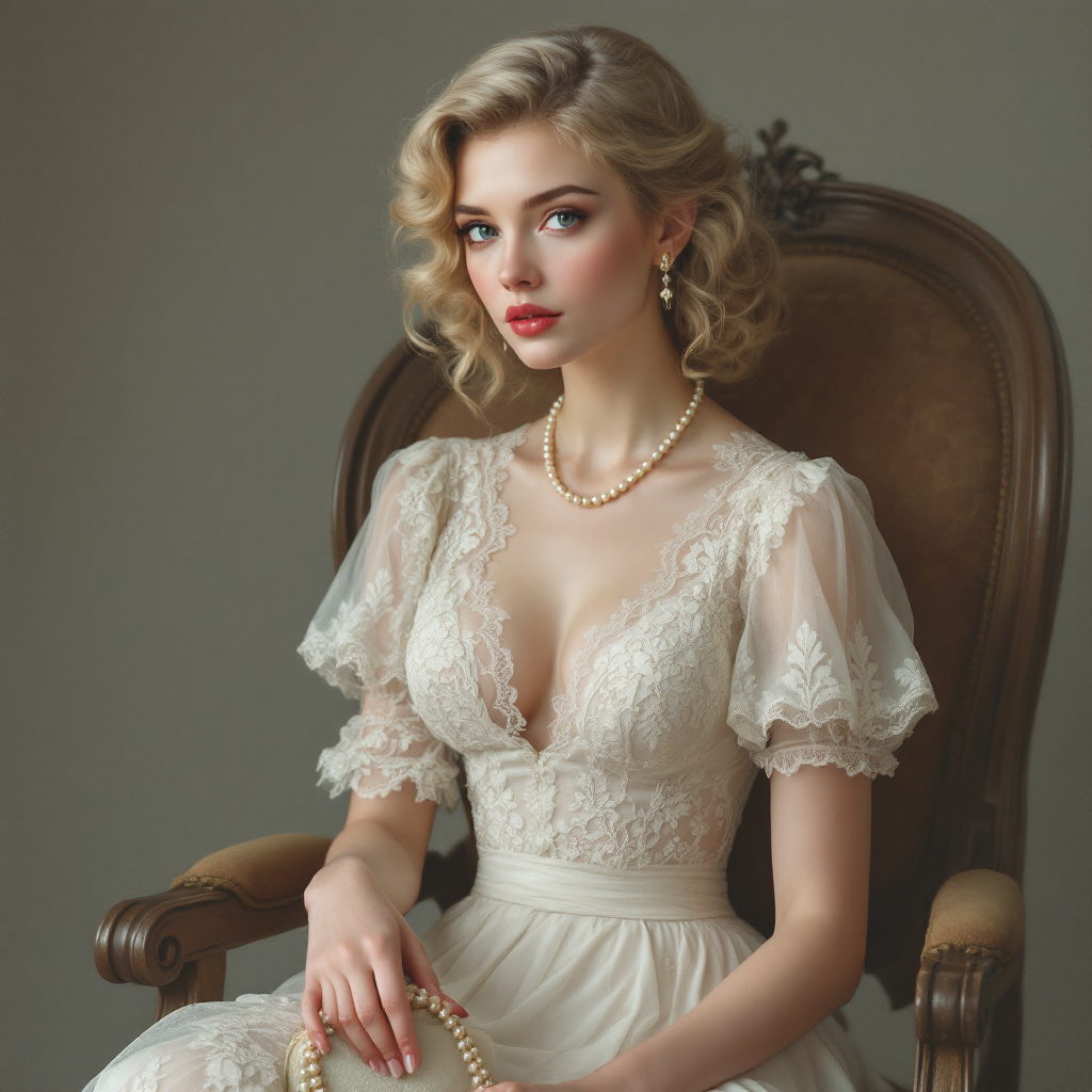 hyperrealistic digital painting. vintage style. a girl in an ivory lace dress sits on an antique chair, holding a handbag with pearls. soft studio light, gray background. her ash-blonde hair is styled in elegant curls and she has a slightly shy look. atmosphere: retro, sophisticated, gentle. details: lace, fabric texture, pearl highlights. mood: first date in the old town.