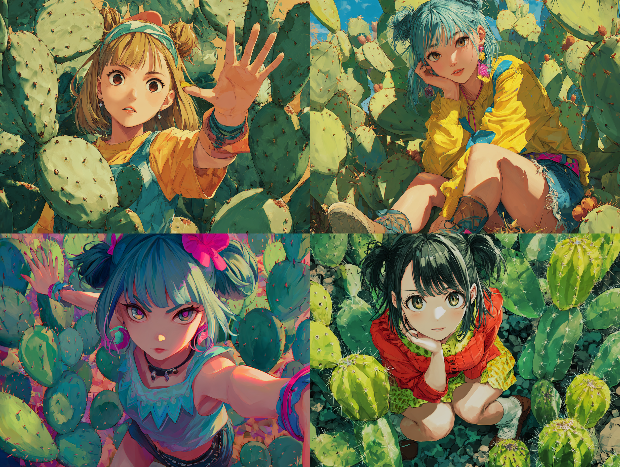 Anime-style illustration of cactus, vibrant colors, detailed eyes, dynamic pose, studio quality, trending on pixiv