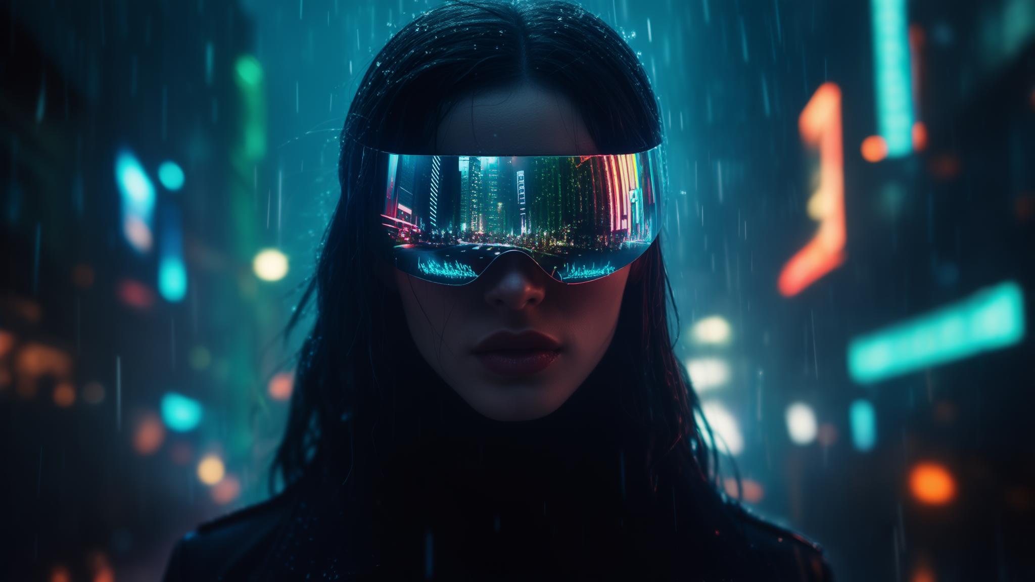 Cyberpunk portrait of girl, neon lights, rain-soaked streets reflected in visor, ultra-detailed, cinematic lighting, 8k