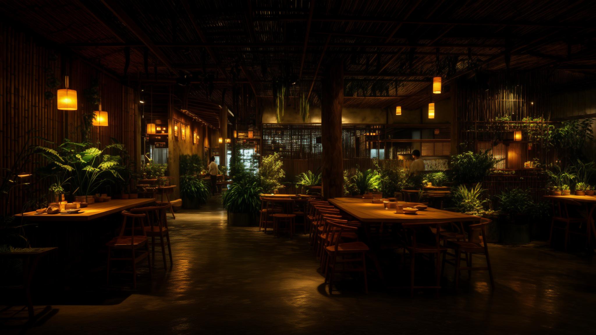 Interior design visualization of a modern japandi cafe, warm ambient lighting, cozy atmosphere, plants, wooden furniture, architectural photography style
