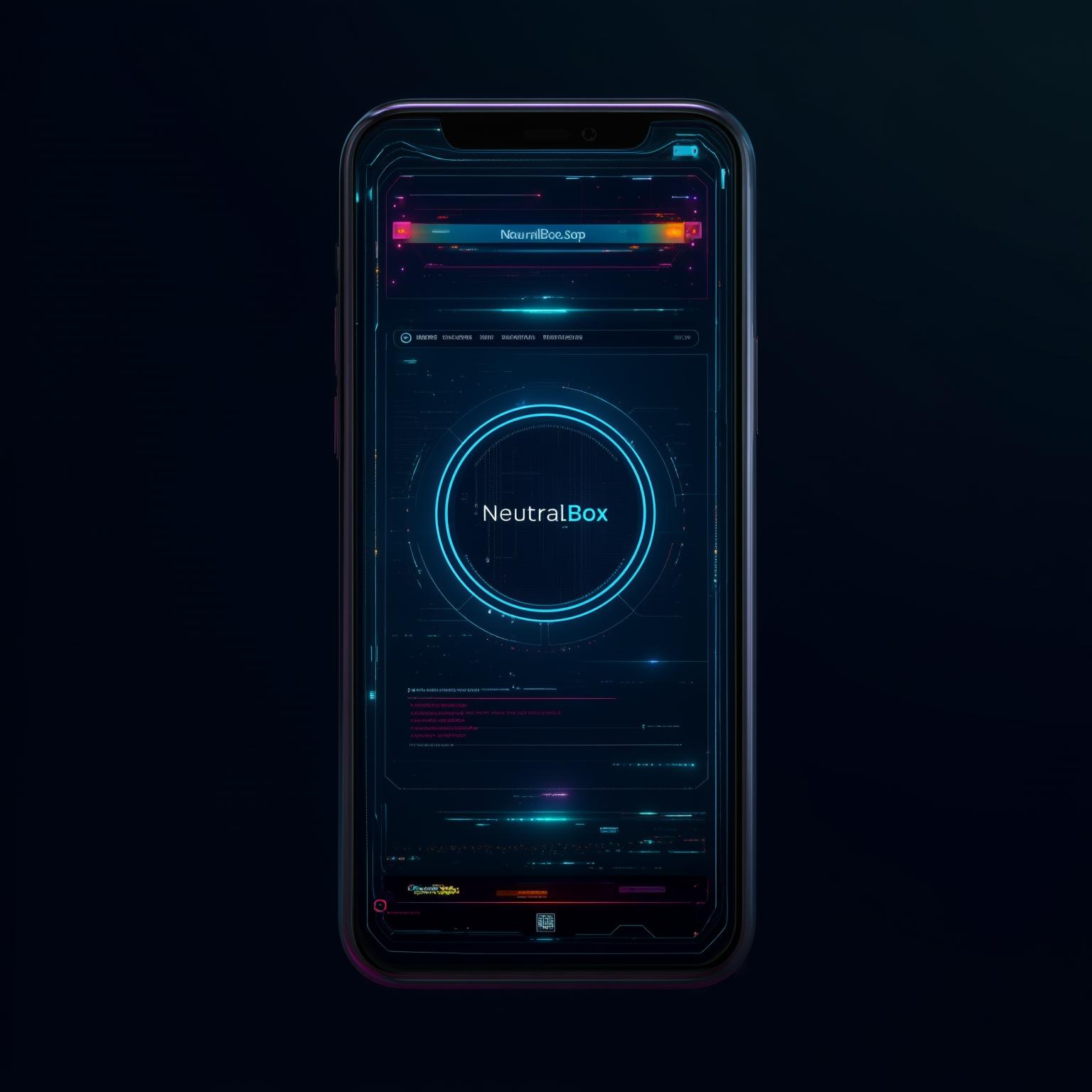 Создай изображение футуристичного телефона на экране которого открыть сайт NeuralBox.top