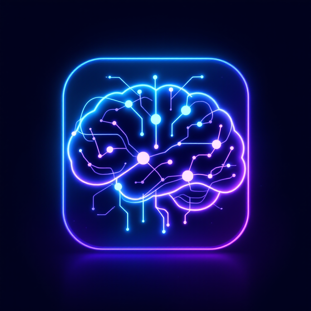 App icon logo for AI aggregator "NeuralBox". 
Abstract brain or neural network symbol, 
glowing cyan and violet lines on dark background, 
rounded square shape, premium tech style. No text.