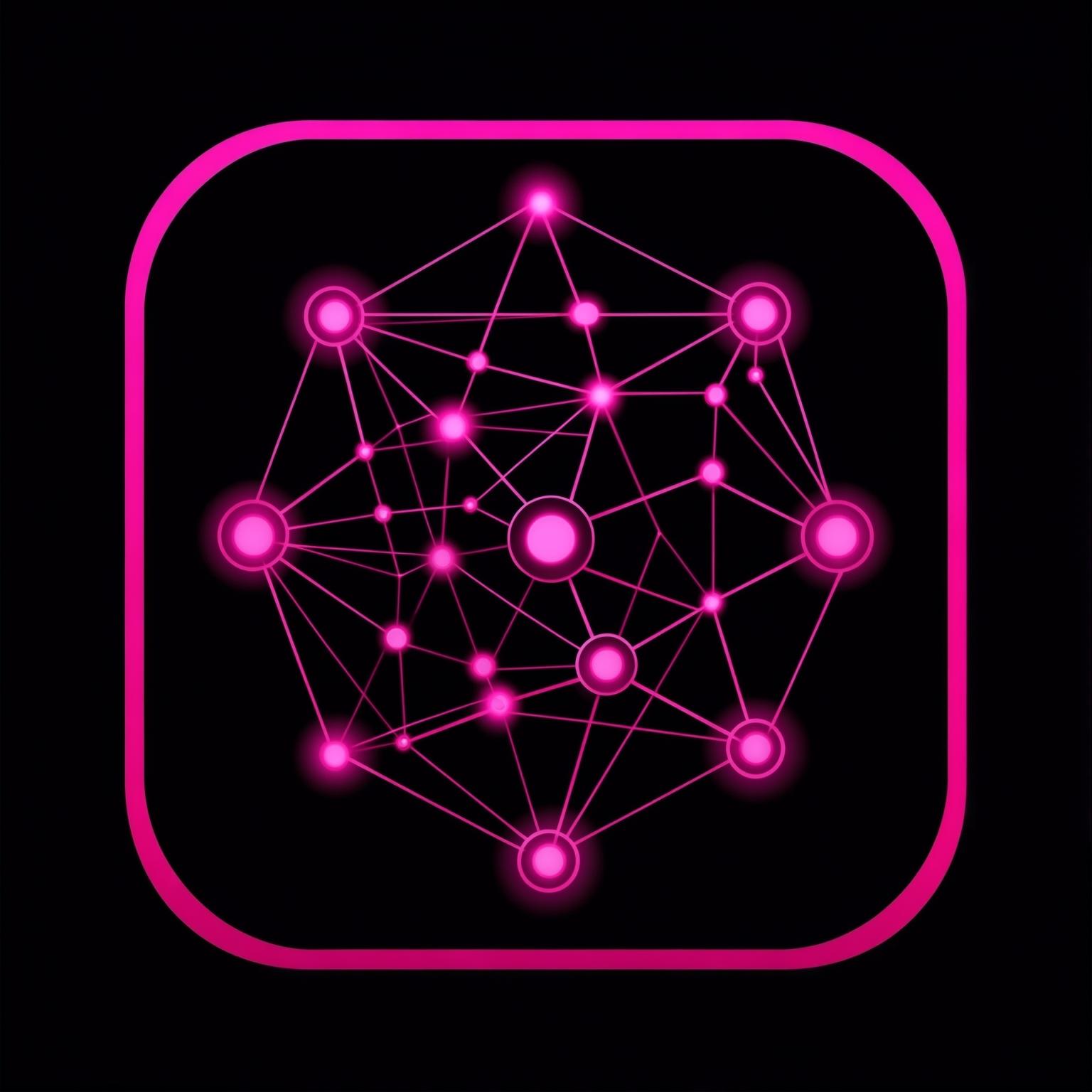 Minimalist app icon. Abstract neural network nodes 
connected by thin lines, geometric symmetrical pattern. 
Pure black background (#0A0A0A), hot pink magenta (#E4007C) 
neon lines with glow effect. Rounded square shape. 
Clean flat vector style. No text, no arrows, no extra symbols.
